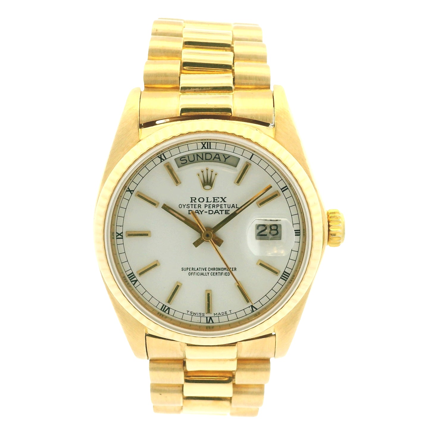 Rolex 18038 Day-Date 18k Yellow Gold Presidential White Dial 36mm Watch
