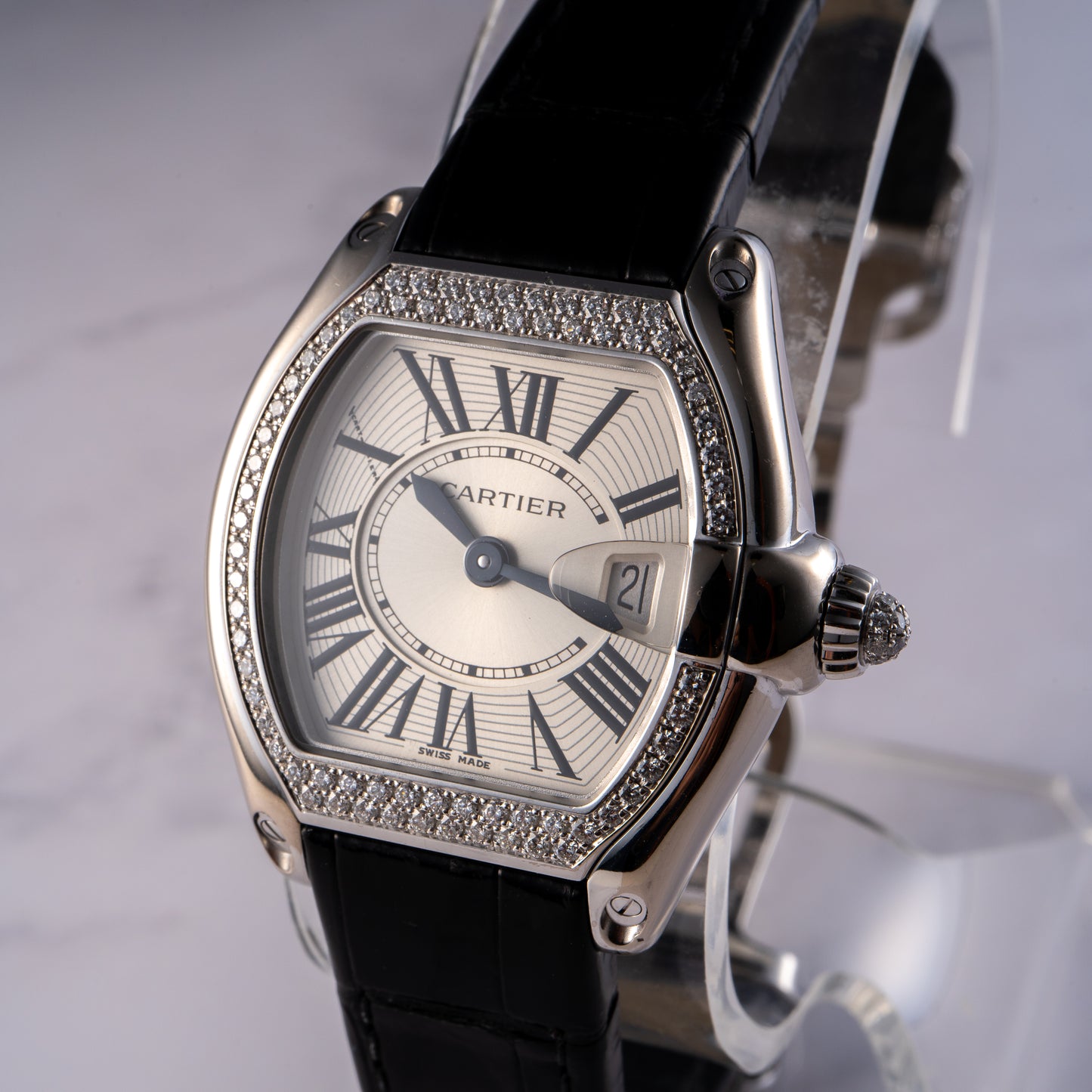 Cartier Roadster 18k White Gold Diamond Black Alligator Skin Watch