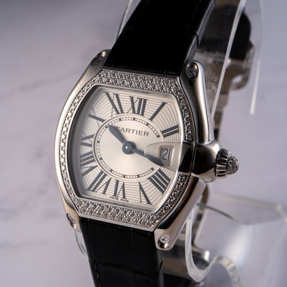 Cartier Roadster 18k White Gold Diamond Black Alligator Skin Watch