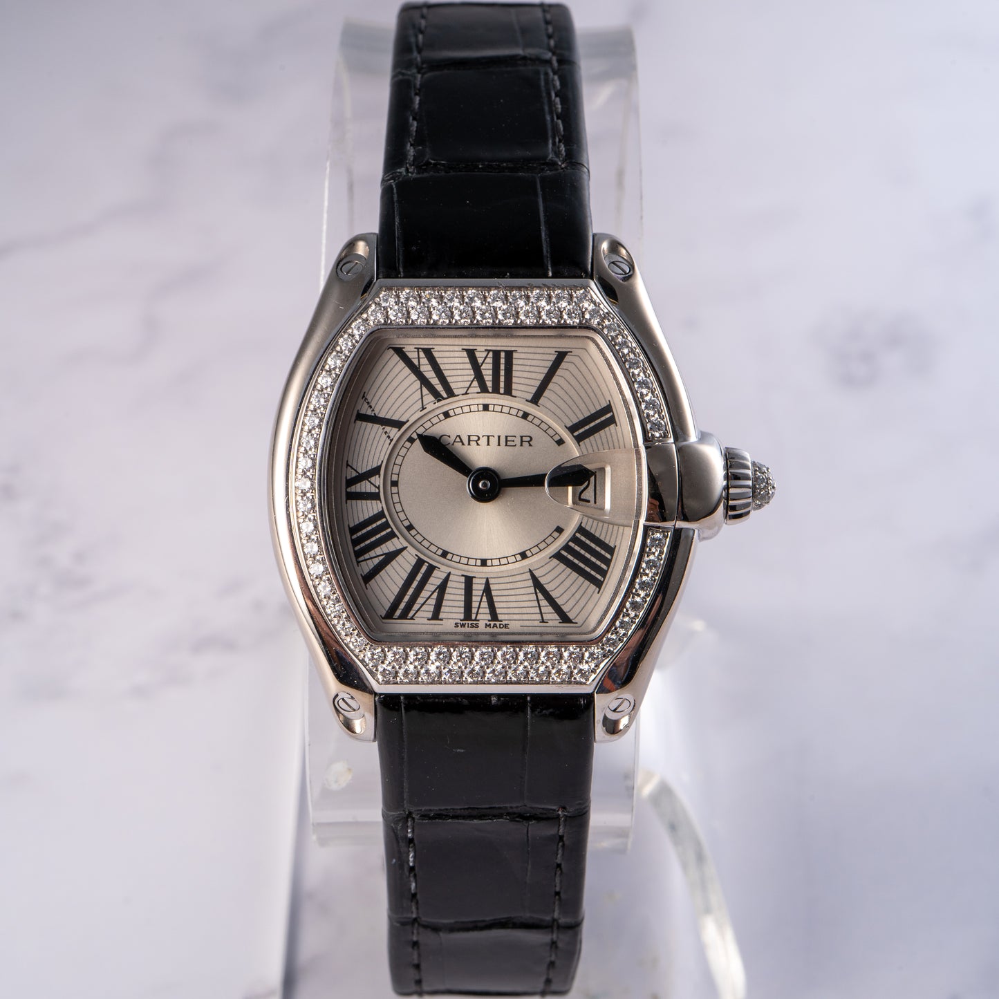 Cartier Roadster 18k White Gold Diamond Black Alligator Skin Watch