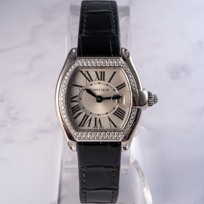Cartier Roadster 18k White Gold Diamond Black Alligator Skin Watch