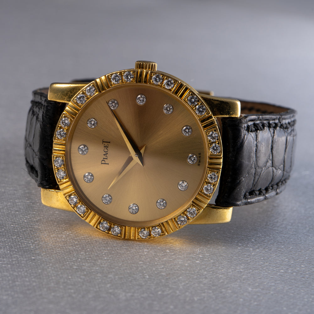 Piaget 18k Yellow Gold Diamond Dial Black Leather Strap Watch — product photo 1