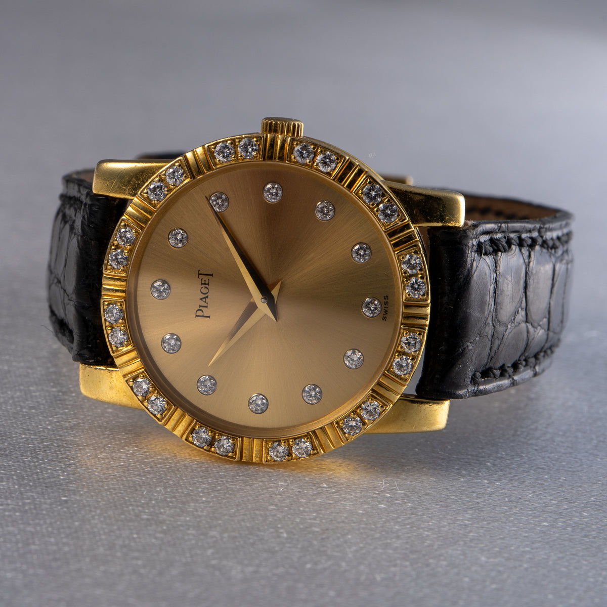 Piaget 18k Yellow Gold Diamond Dial Black Leather Strap Watch