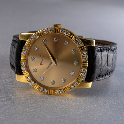 Piaget 18k Yellow Gold Diamond Dial Black Leather Strap Watch