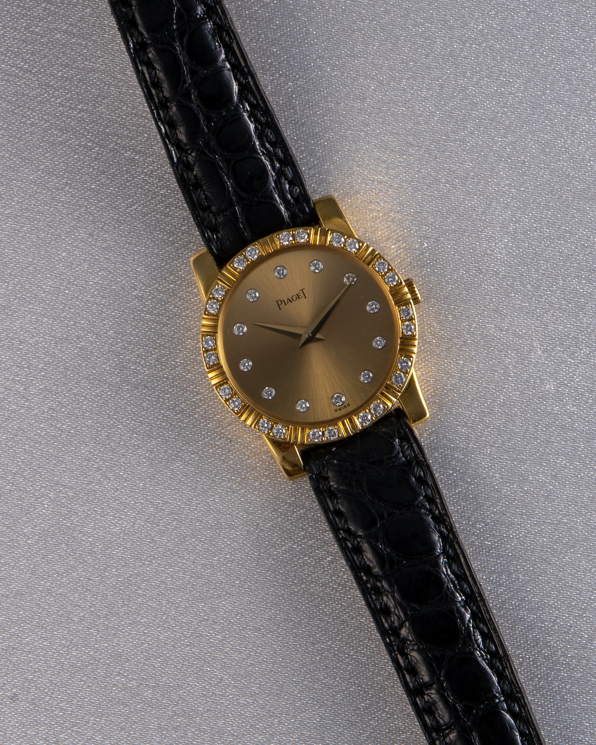 Piaget 18k Yellow Gold Diamond Dial Black Leather Strap Watch