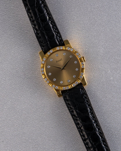 Piaget 18k Yellow Gold Diamond Dial Black Leather Strap Watch