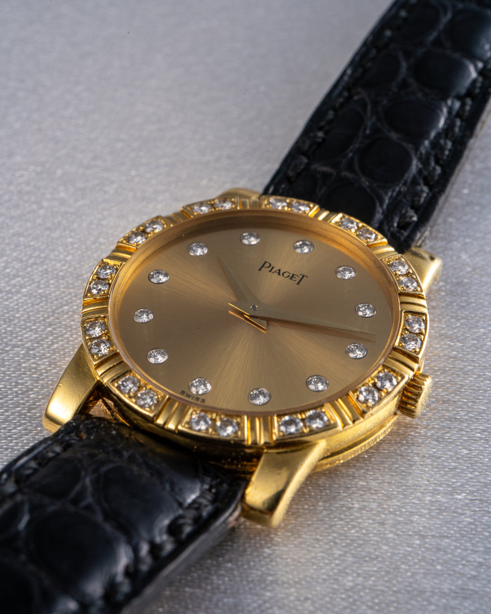 Piaget 18k Yellow Gold Diamond Dial Black Leather Strap Watch — product photo 2