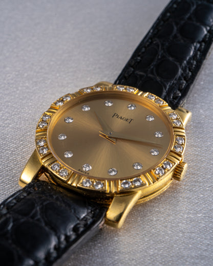 Piaget 18k Yellow Gold Diamond Dial Black Leather Strap Watch