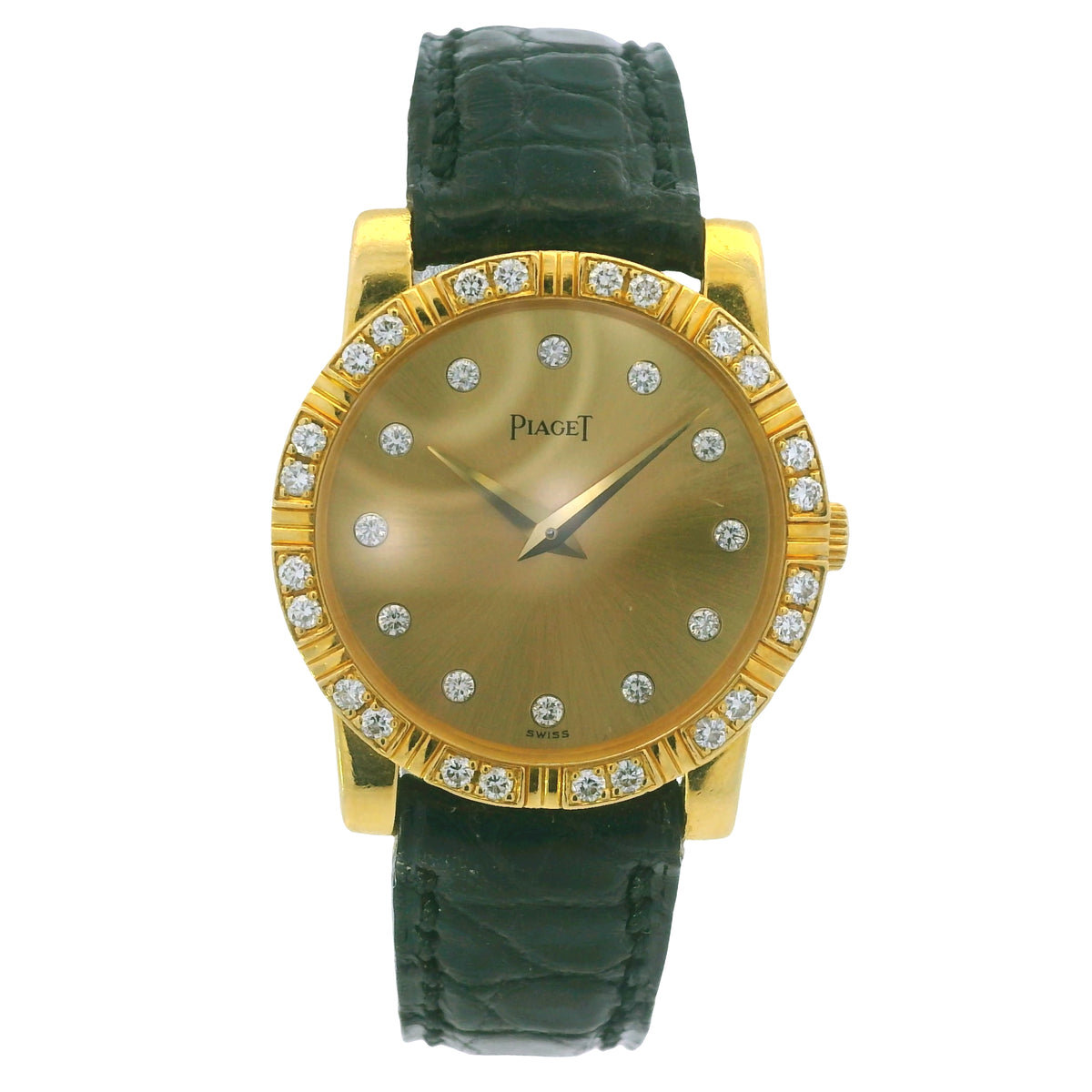 Piaget 18k Yellow Gold Diamond Dial Black Leather Strap Watch