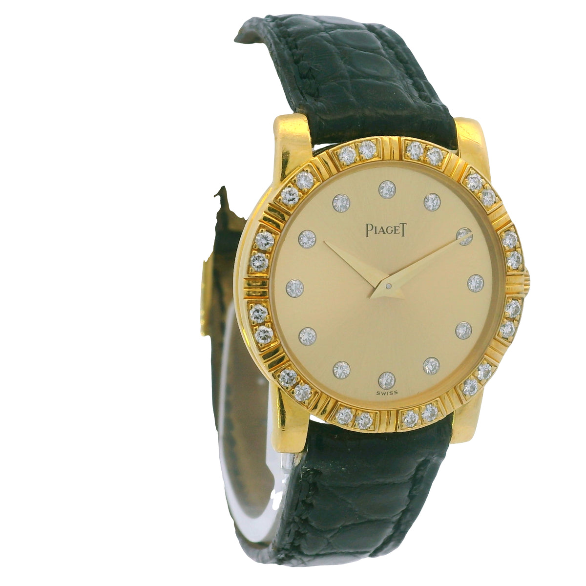 Piaget 18k Yellow Gold Diamond Dial Black Leather Strap Watch