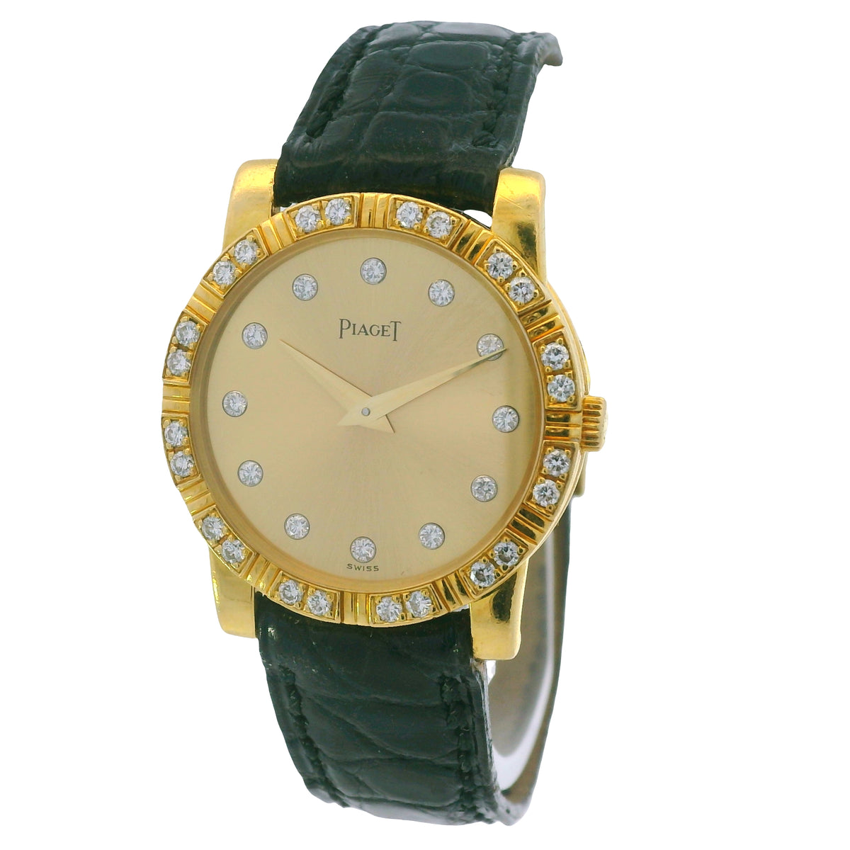Piaget 18k Yellow Gold Diamond Dial Black Leather Strap Watch