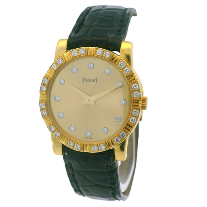 Piaget 18k Yellow Gold Diamond Dial Black Leather Strap Watch