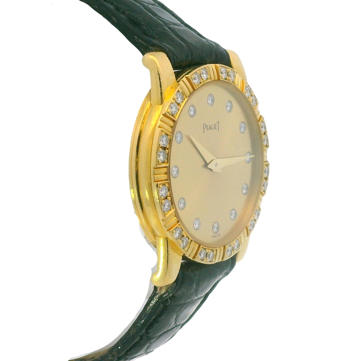 Piaget 18k Yellow Gold Diamond Dial Black Leather Strap Watch