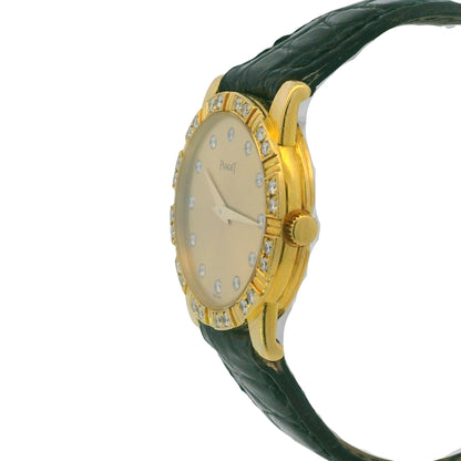 Piaget 18k Yellow Gold Diamond Dial Black Leather Strap Watch
