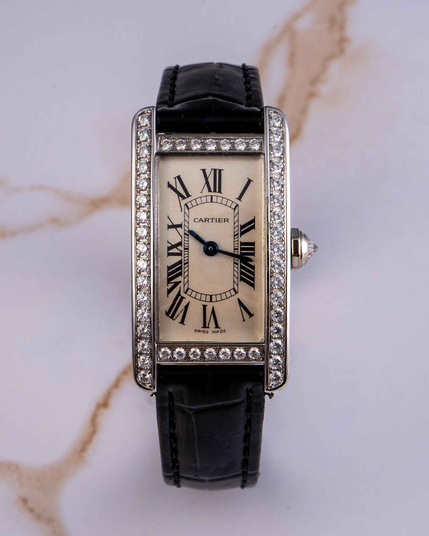 Cartier Tank 2489 18k White Gold Diamond Bezel Ladies Watch