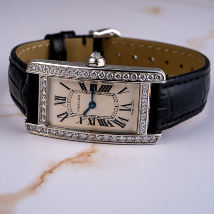 Cartier Tank 2489 18k White Gold Diamond Bezel Ladies Watch