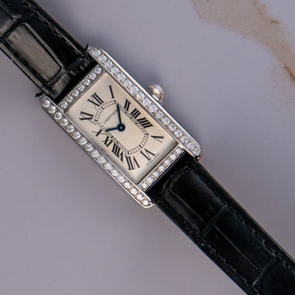 Cartier Tank 2489 18k White Gold Diamond Bezel Ladies Watch