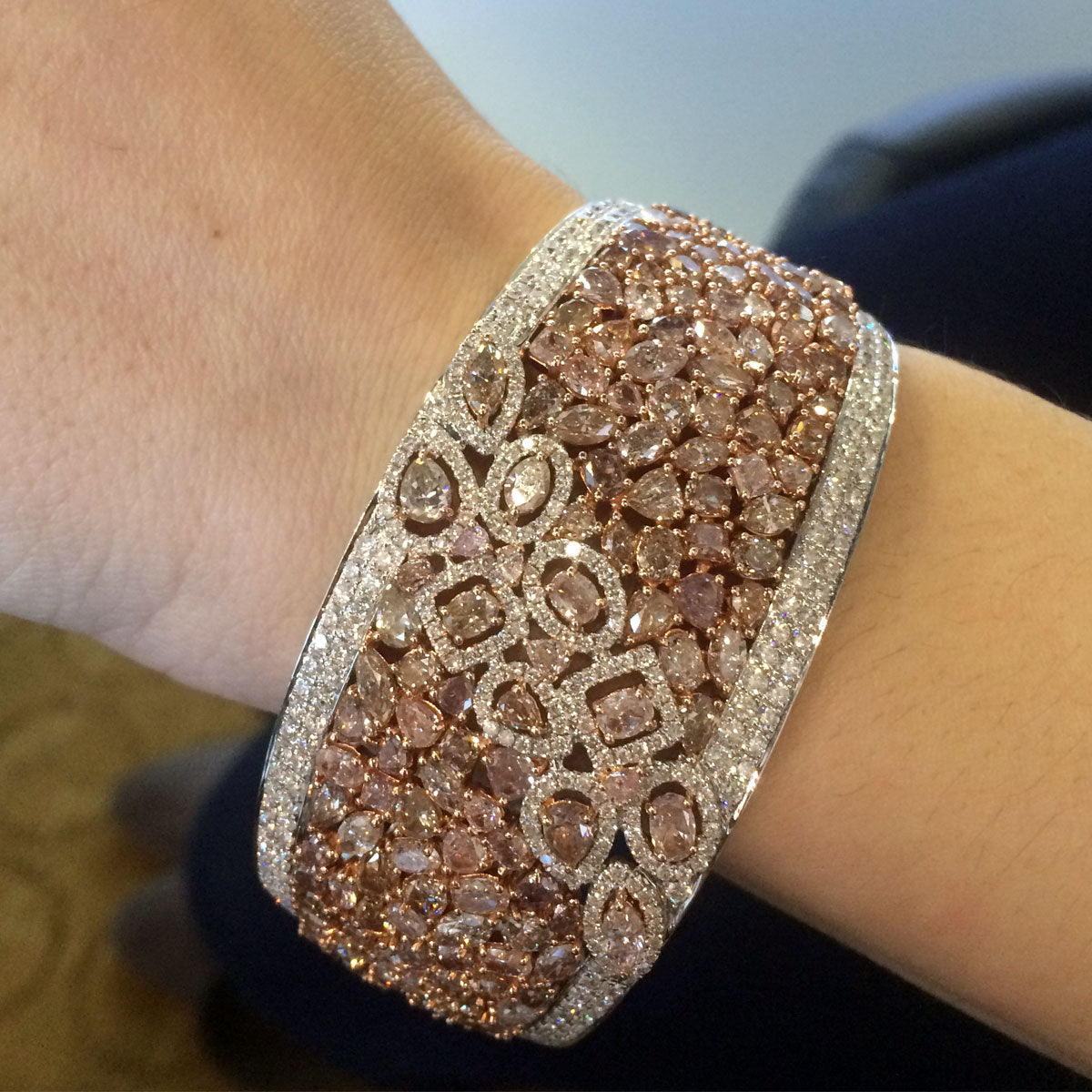 18k White & Rose Gold Multi Colored Diamond Bangle Bracelet