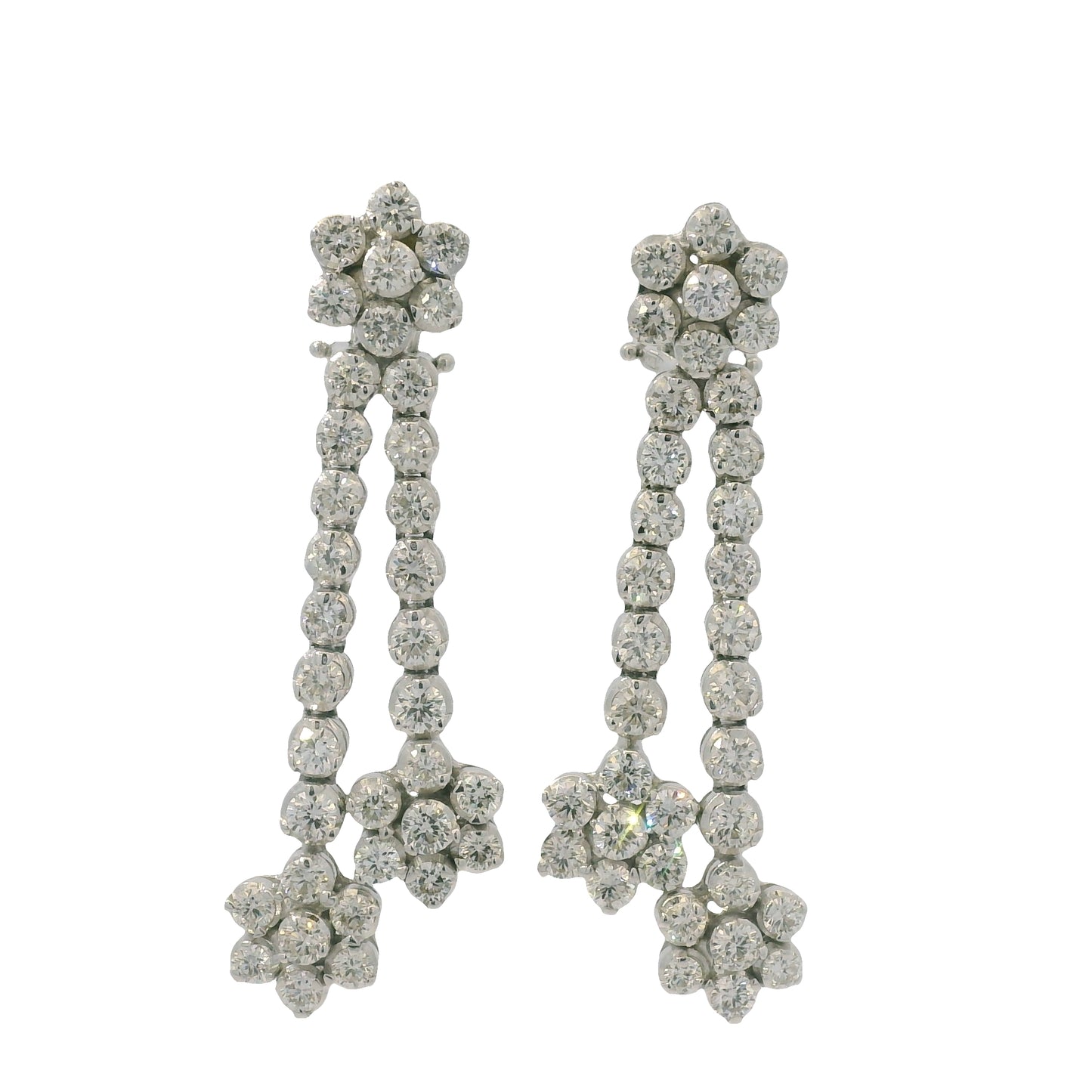18K White Gold Natural Round Brilliant Cut Diamond Flower Drop Earrings