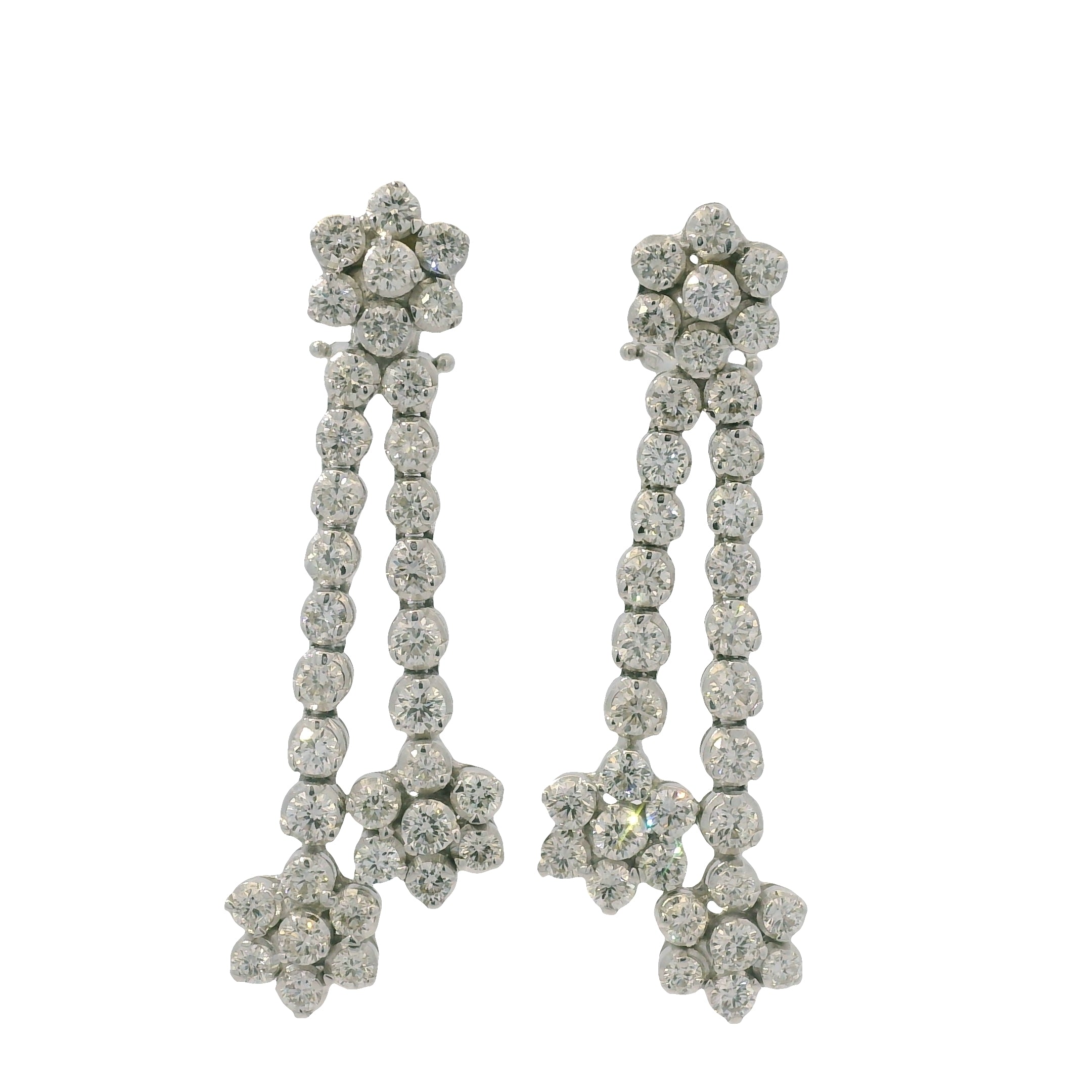 18K White Gold Natural Round Brilliant Cut Diamond Flower Drop Earrings