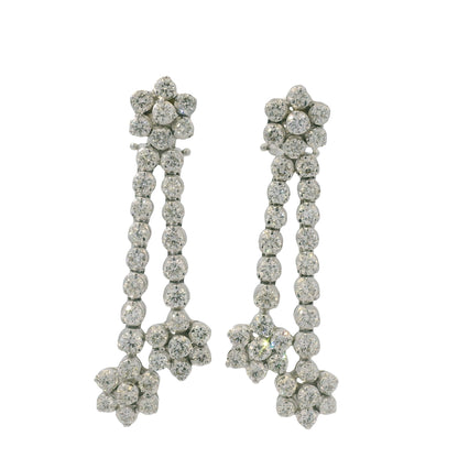 18K White Gold Natural Round Brilliant Cut Diamond Flower Drop Earrings