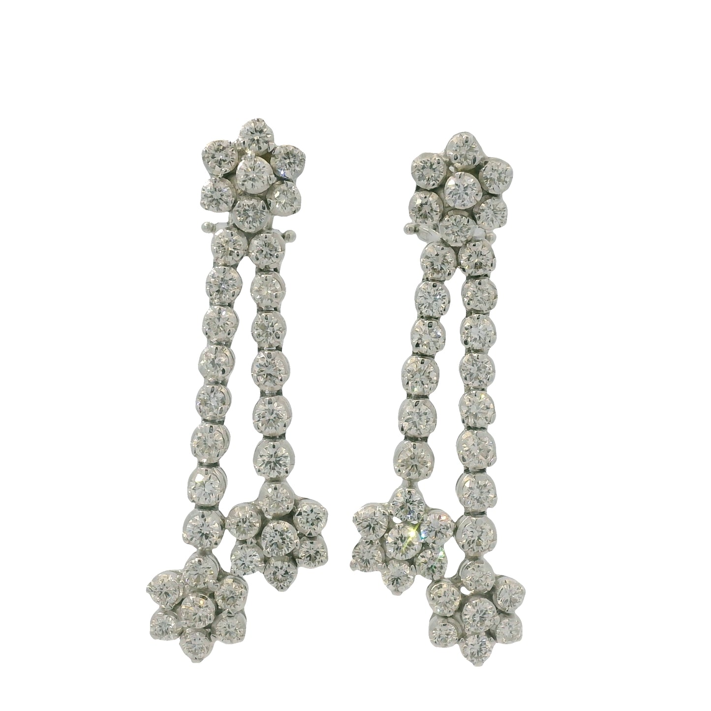 18K White Gold Natural Round Brilliant Cut Diamond Flower Drop Earrings