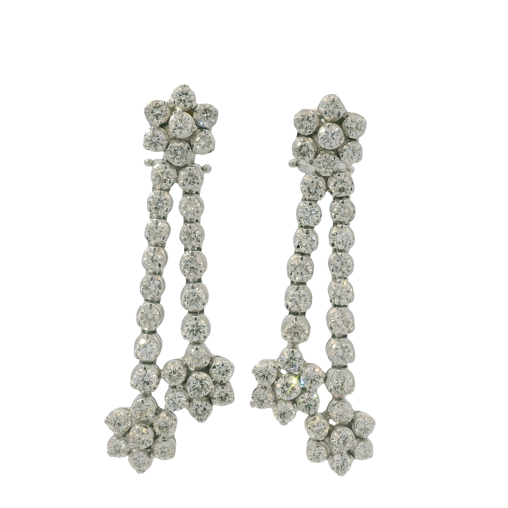 18K White Gold Natural Round Brilliant Cut Diamond Flower Drop Earrings