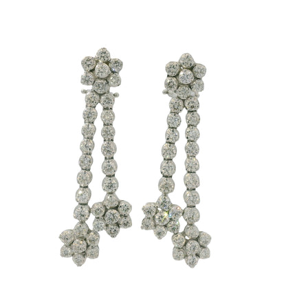18K White Gold Natural Round Brilliant Cut Diamond Flower Drop Earrings