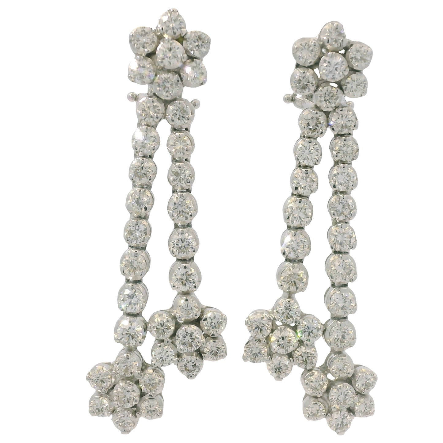 18K White Gold Natural Round Brilliant Cut Diamond Flower Drop Earrings