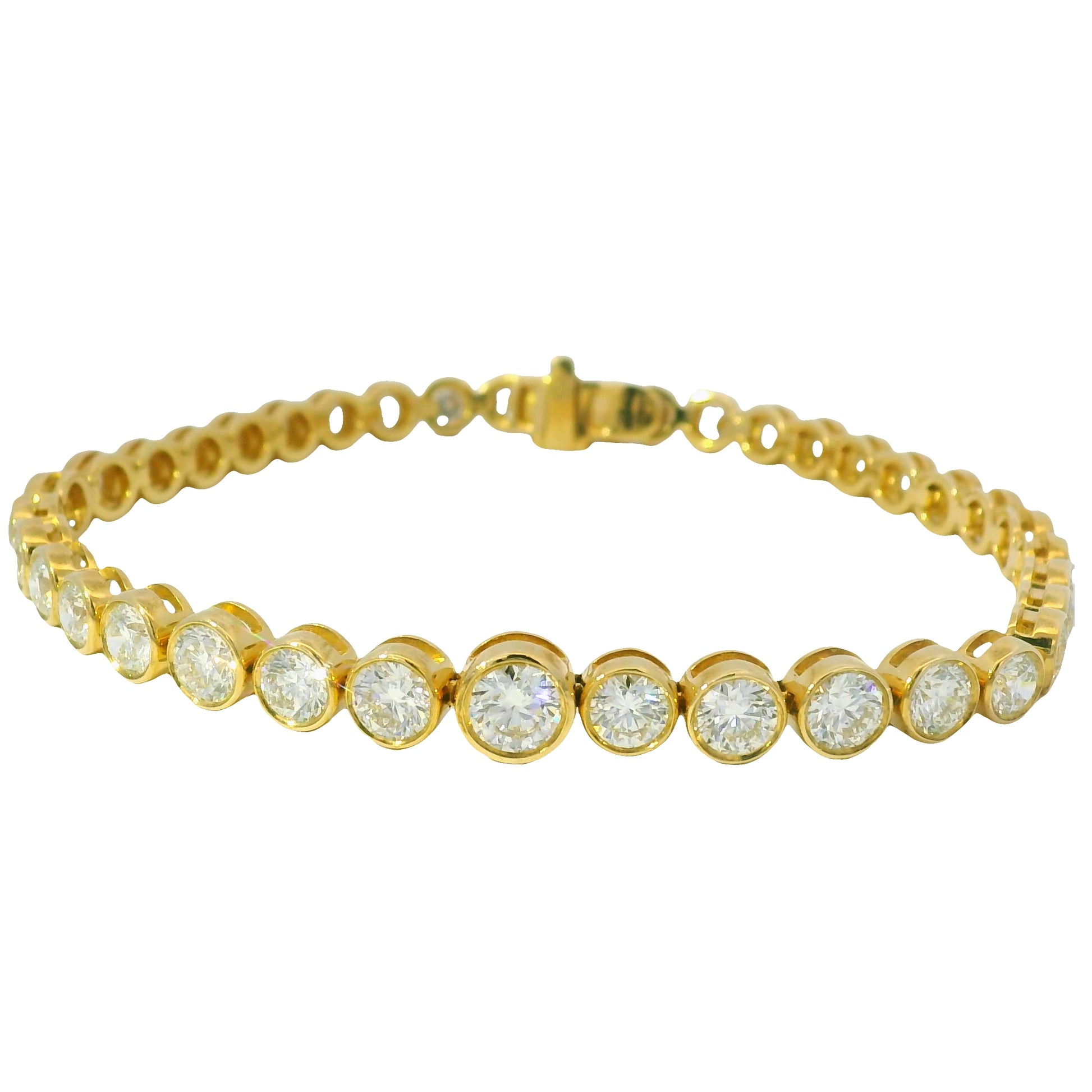 18k Yellow Gold Natural 6.58ctw Graduated Diamond Bezel Set Tennis Bracelet