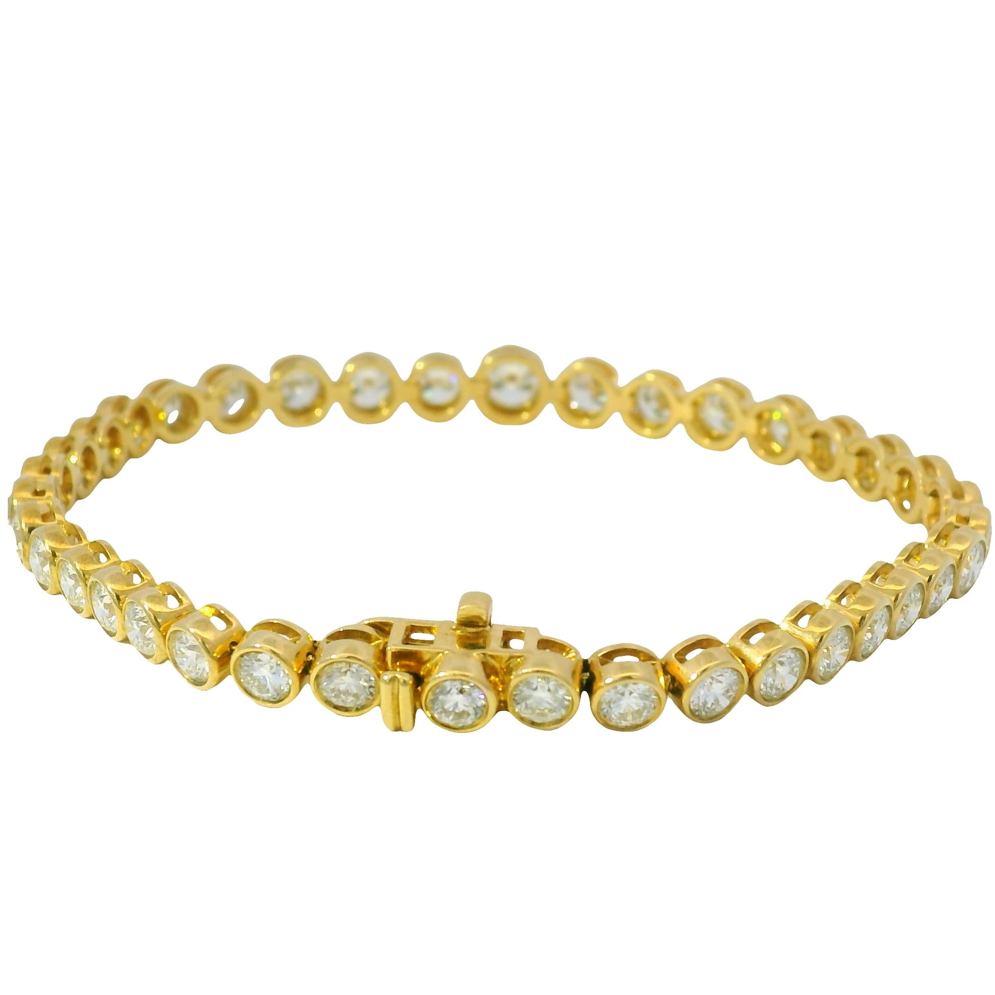 18k Yellow Gold Natural 6.58ctw Graduated Diamond Bezel Set Tennis Bracelet