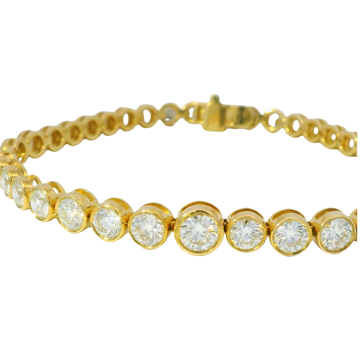 18k Yellow Gold Natural 6.58ctw Graduated Diamond Bezel Set Tennis Bracelet