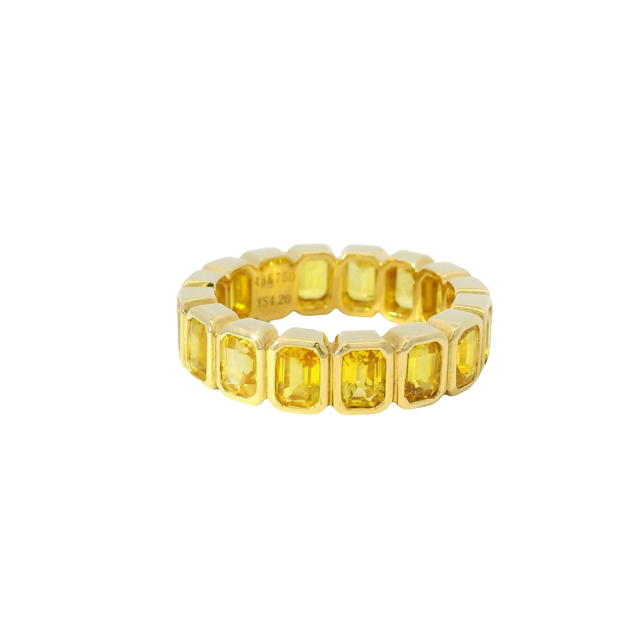 18K Yellow Gold Natural 4.20 Carats Yellow Sapphire Emerald Cut Eternity Ring