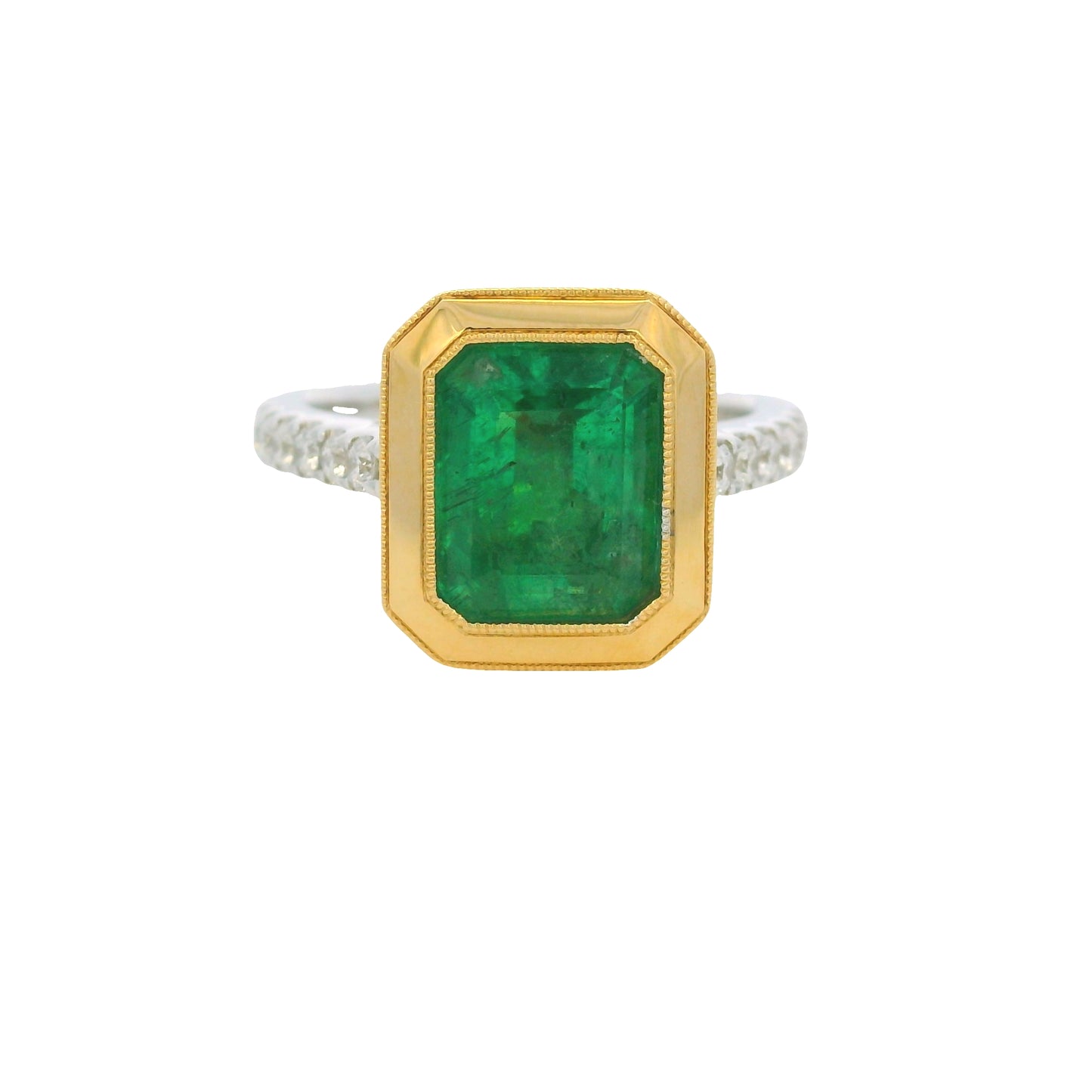 18K Two-Tone Gold Natural Emerald & Diamond Bezel Set Ring