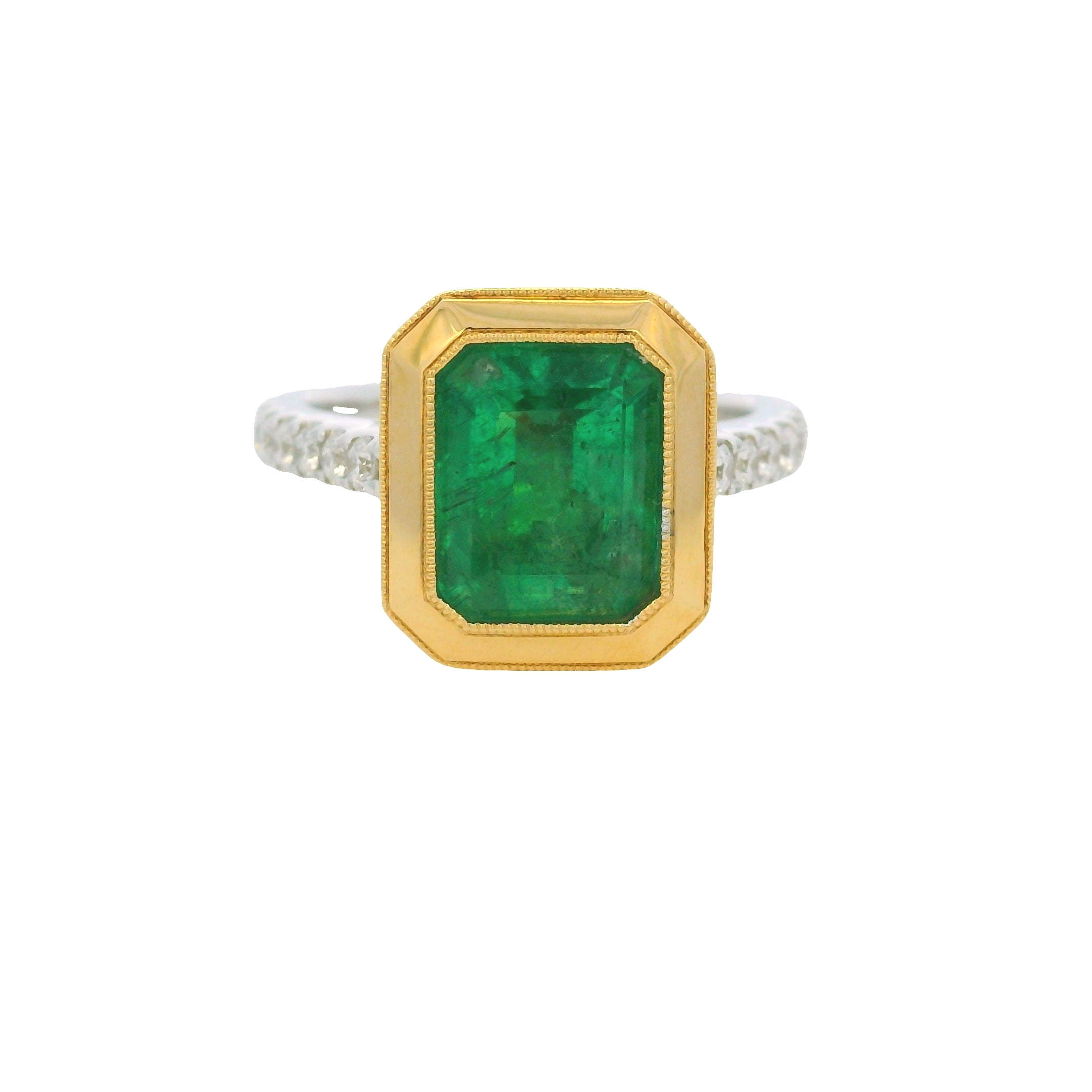 18K Two-Tone Gold Natural Emerald & Diamond Bezel Set Ring