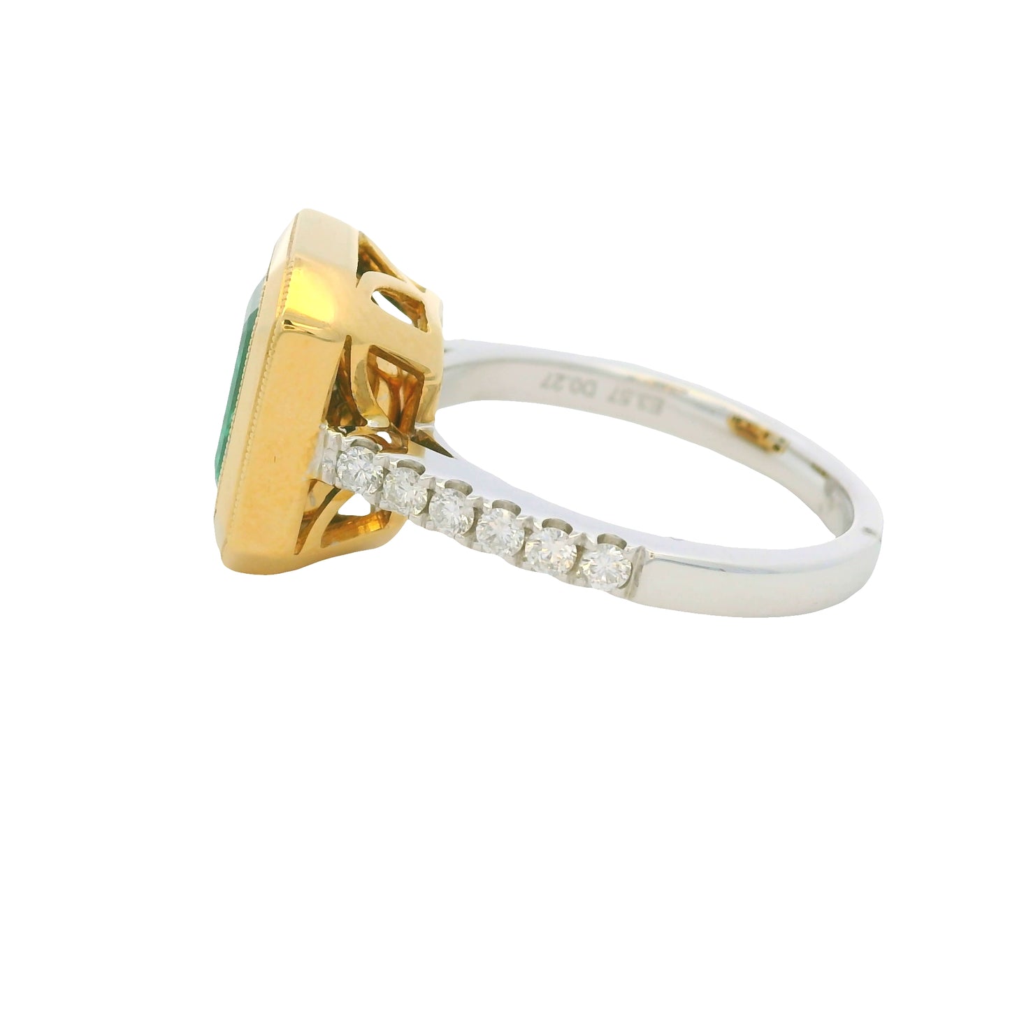 18K Two-Tone Gold Natural Emerald & Diamond Bezel Set Ring