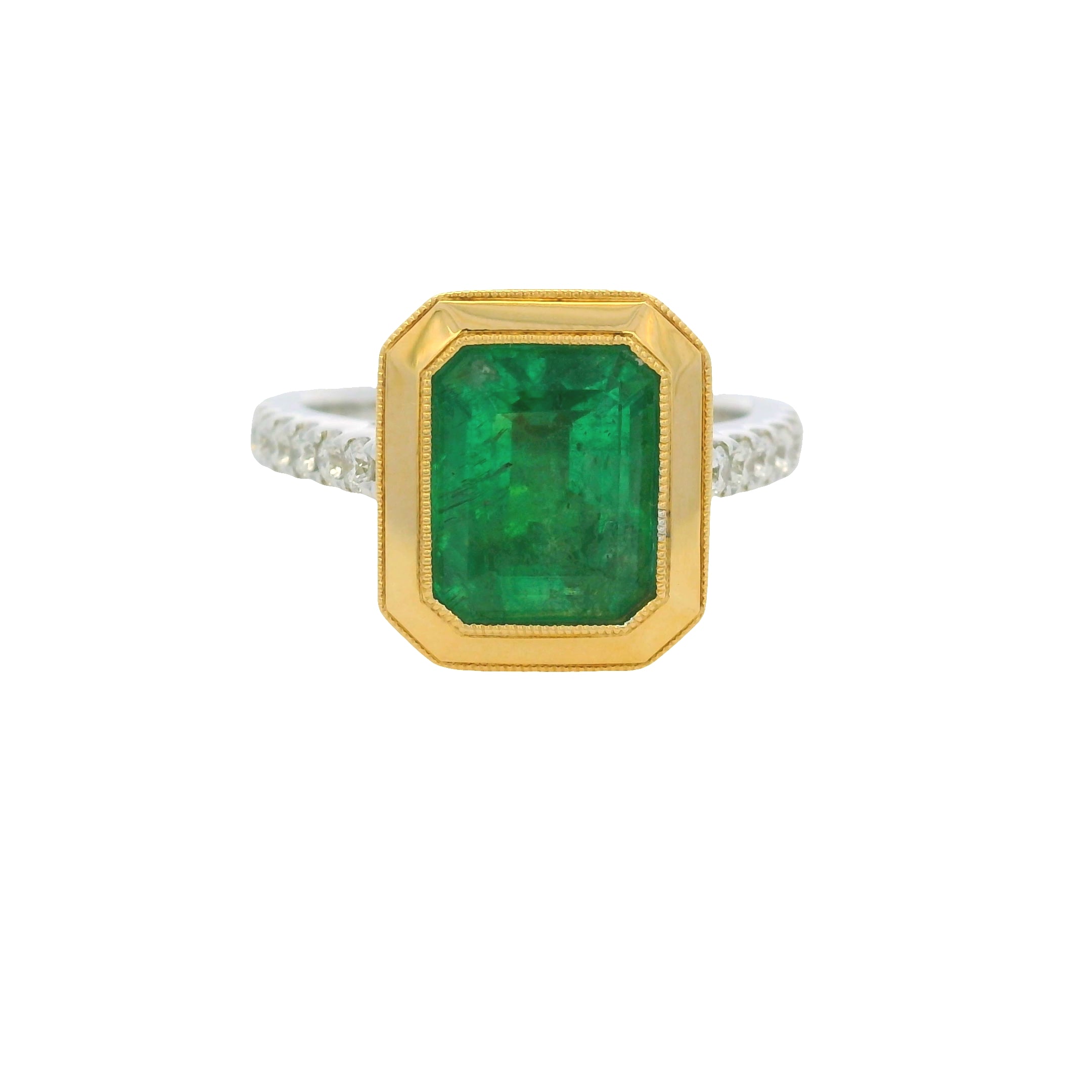 18K Two-Tone Gold Natural Emerald & Diamond Bezel Set Ring