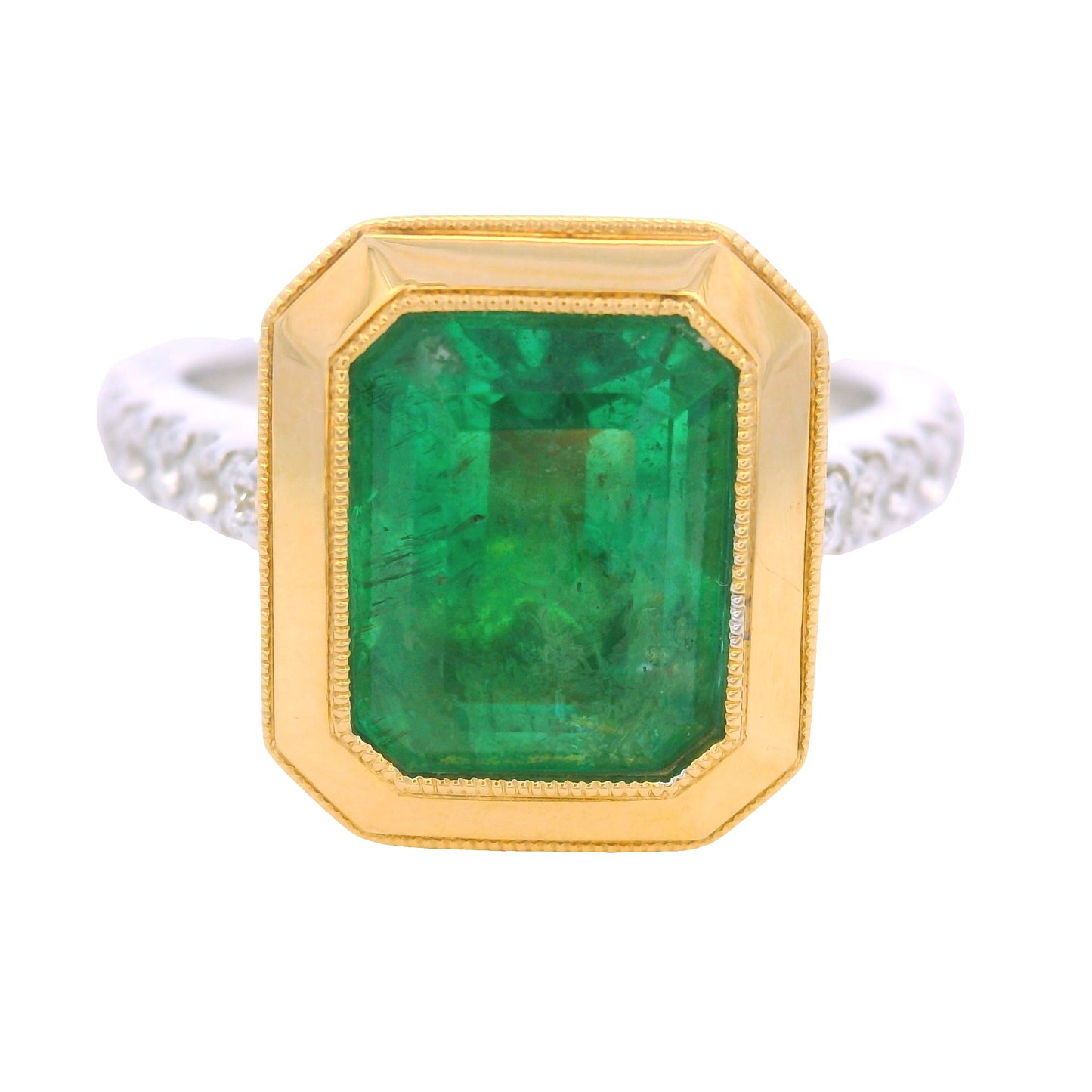 18K Two-Tone Gold Natural Emerald & Diamond Bezel Set Ring