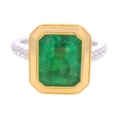18K Two-Tone Gold Natural Emerald & Diamond Bezel Set Ring