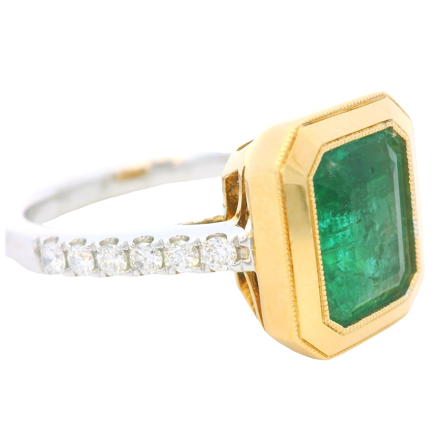 18K Two-Tone Gold Natural Emerald & Diamond Bezel Set Ring