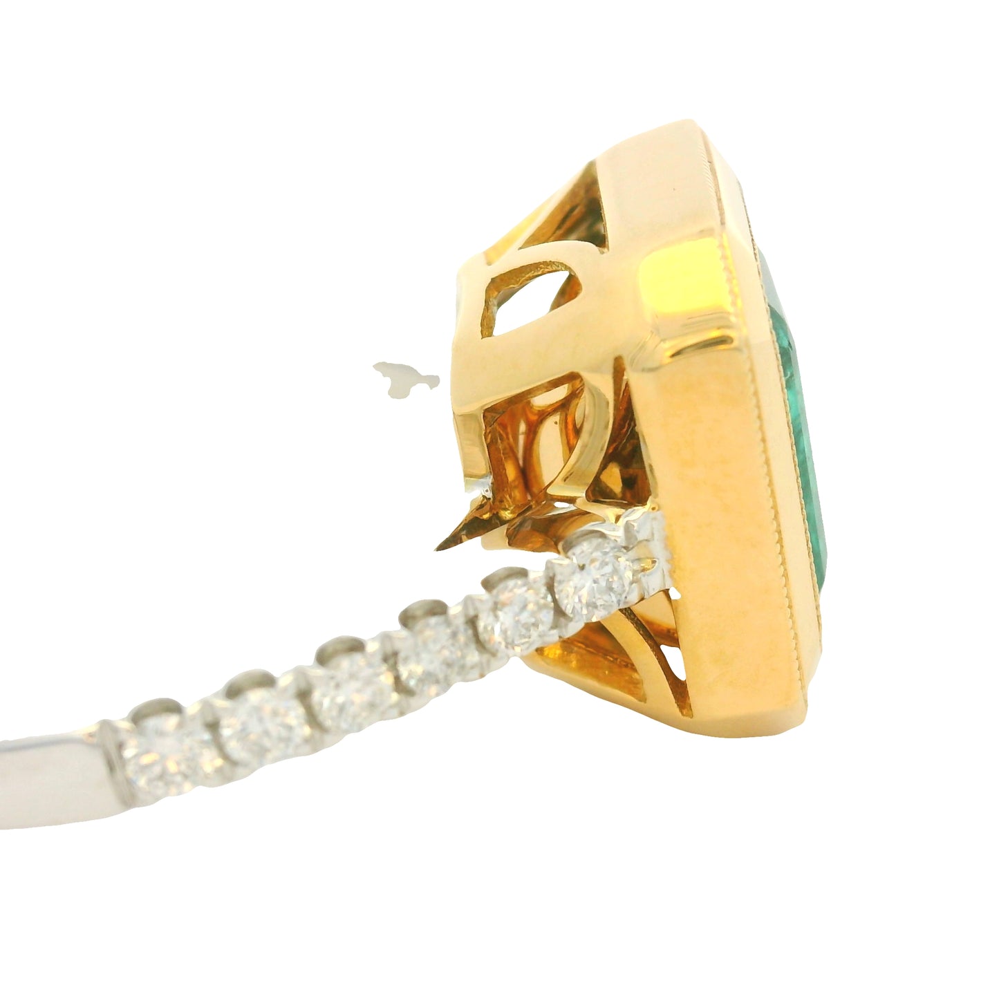 18K Two-Tone Gold Natural Emerald & Diamond Bezel Set Ring