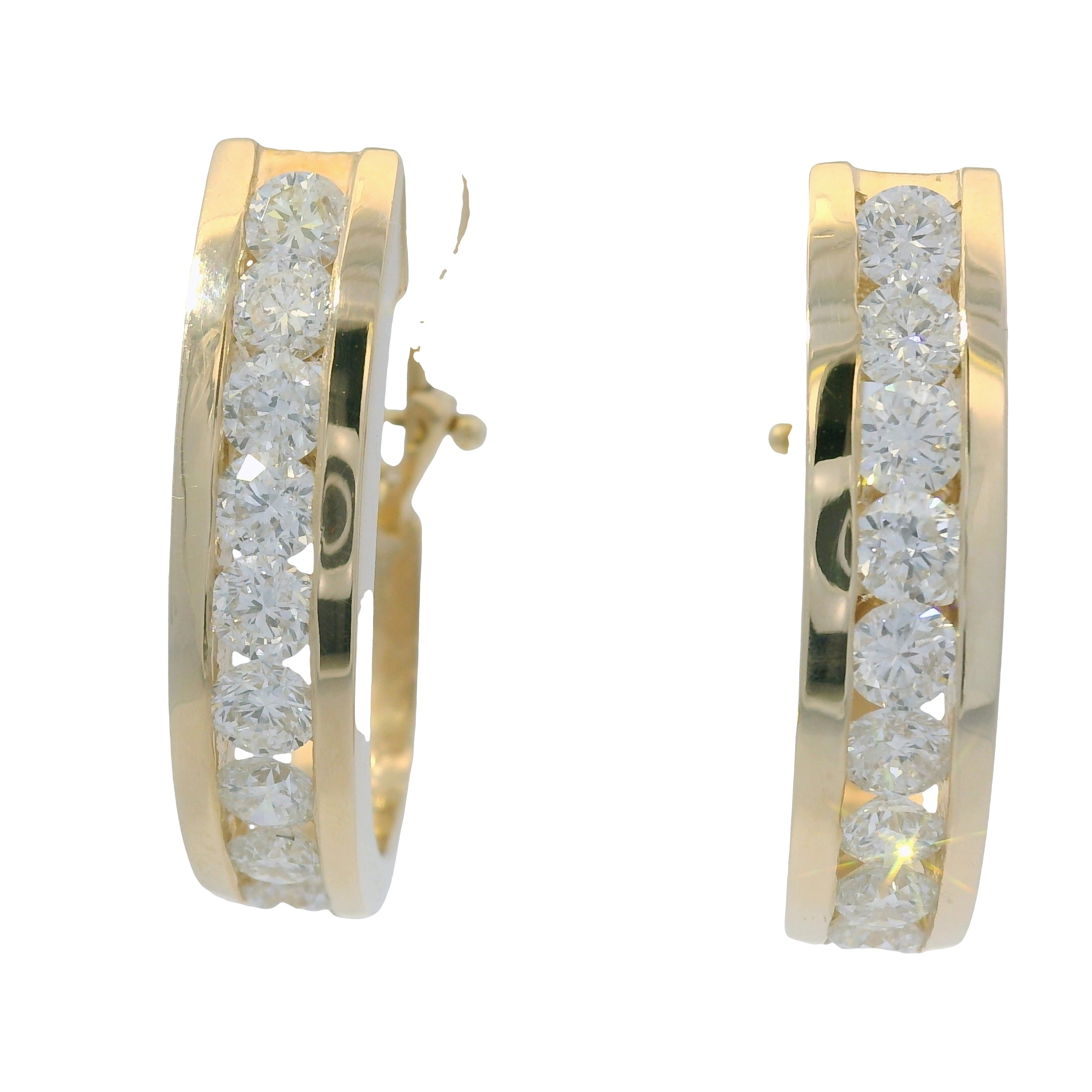 14K Yellow Gold Natural Round Brilliant Cut Diamond Channel Set Hoop Earrings