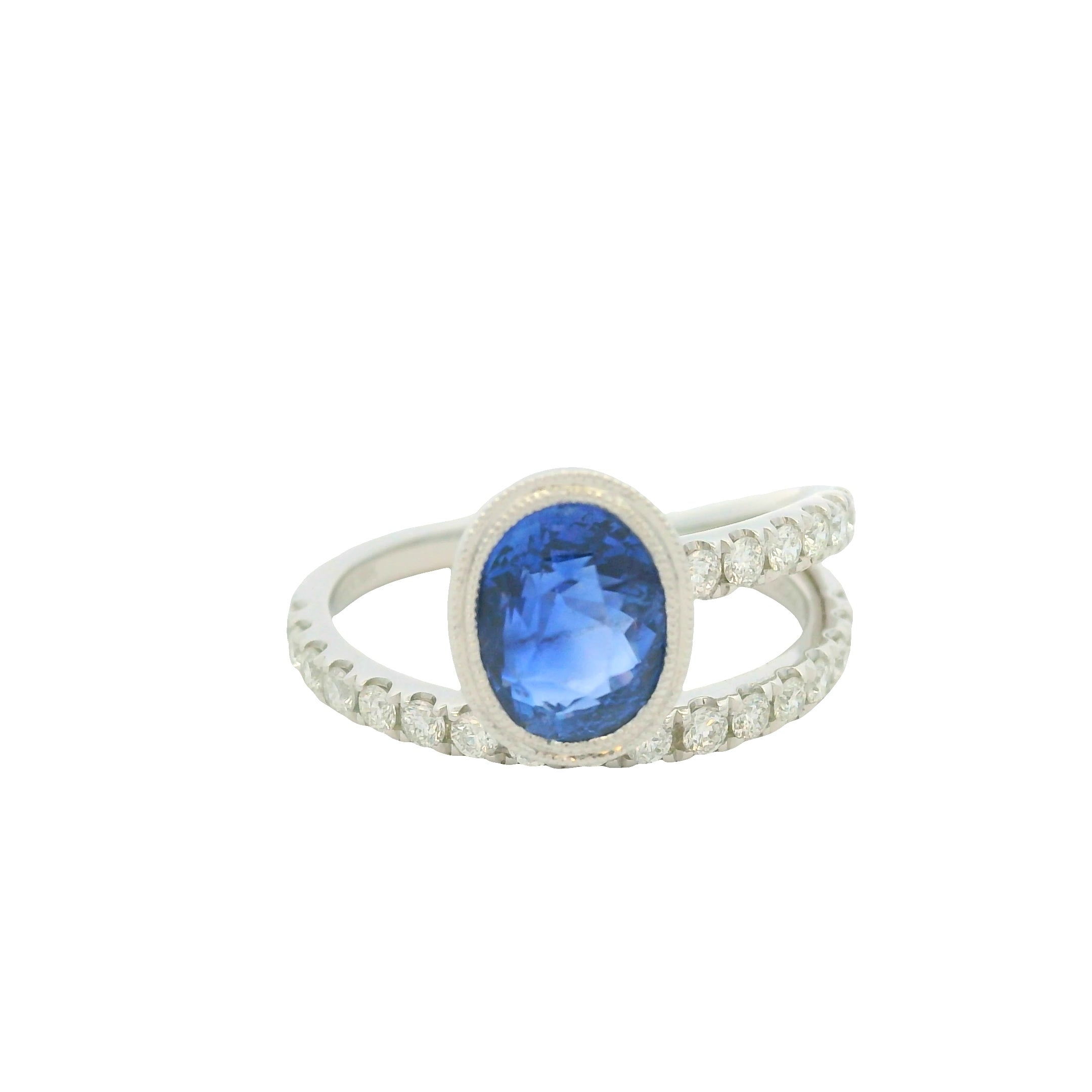 GIA 18K White Gold Natural Sapphire& Diamond Bezel Set Wrap Around Ring