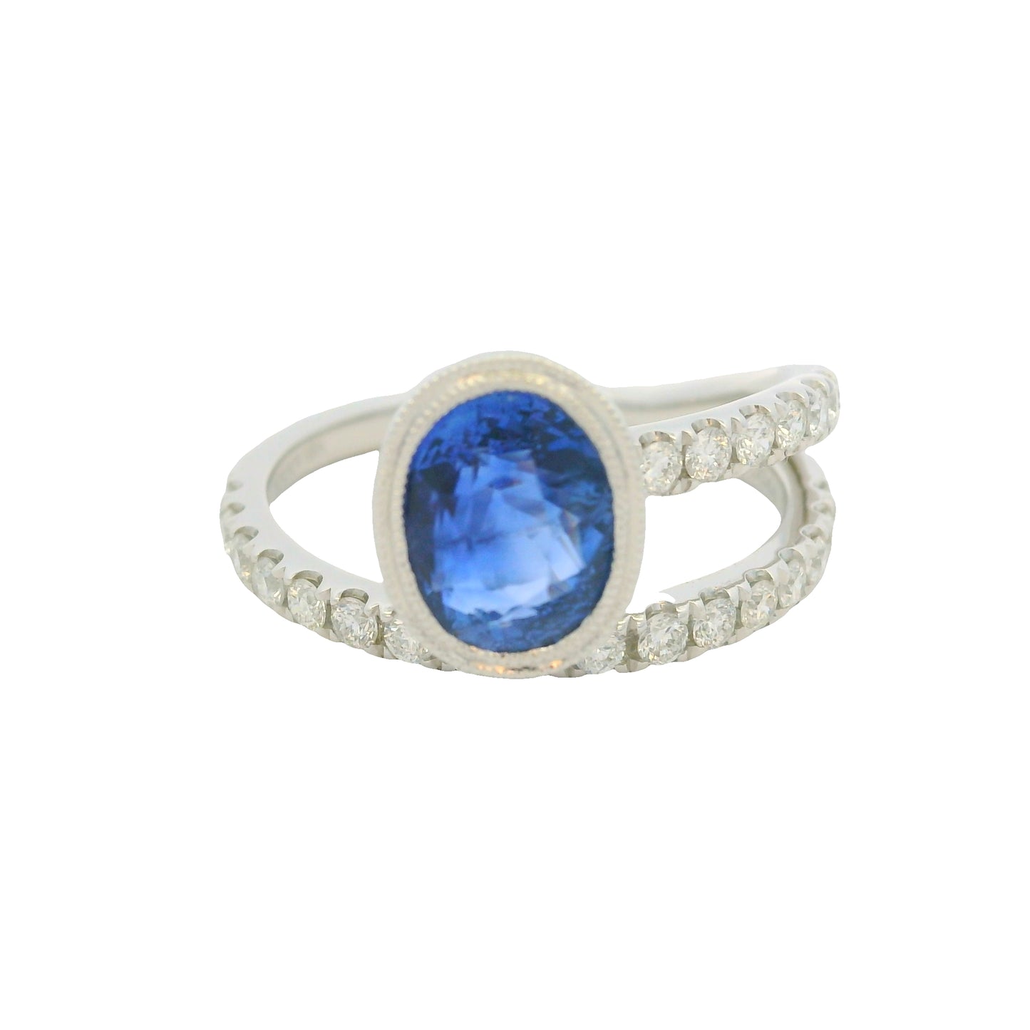 GIA 18K White Gold Natural Sapphire& Diamond Bezel Set Wrap Around Ring