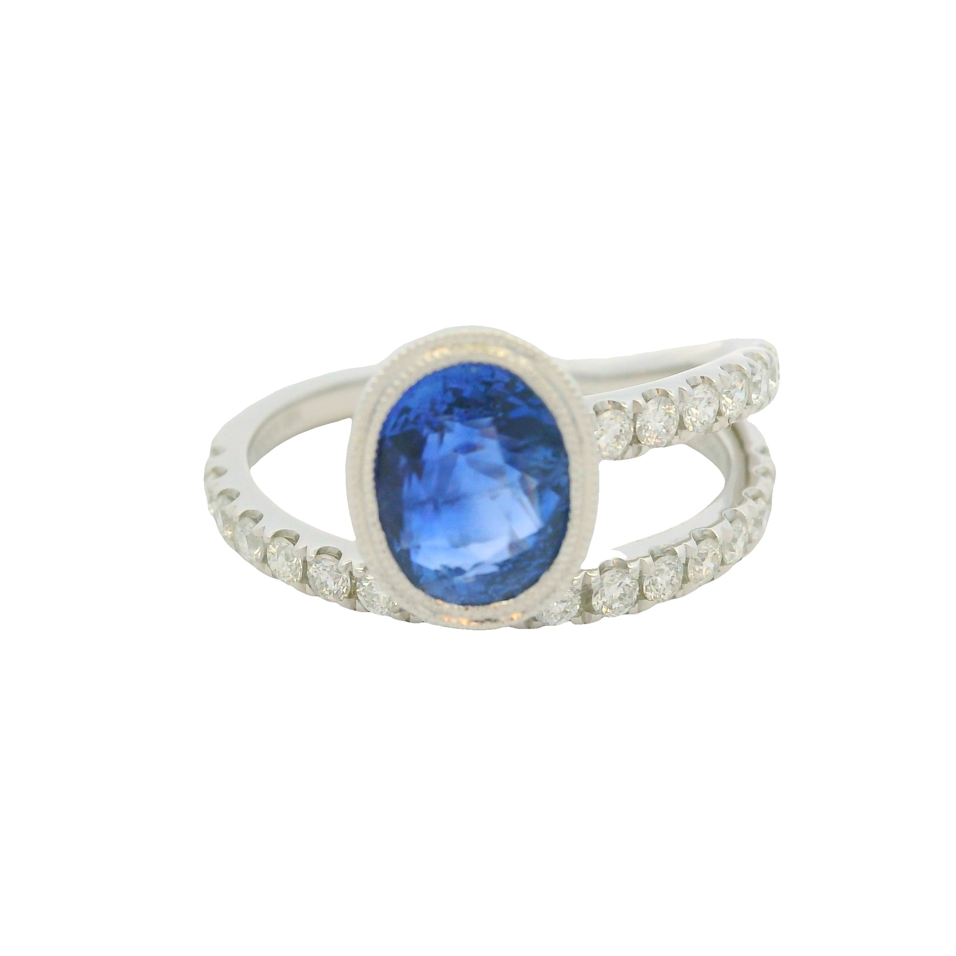 GIA 18K White Gold Natural Sapphire& Diamond Bezel Set Wrap Around Ring