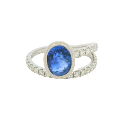 GIA 18K White Gold Natural Sapphire& Diamond Bezel Set Wrap Around Ring