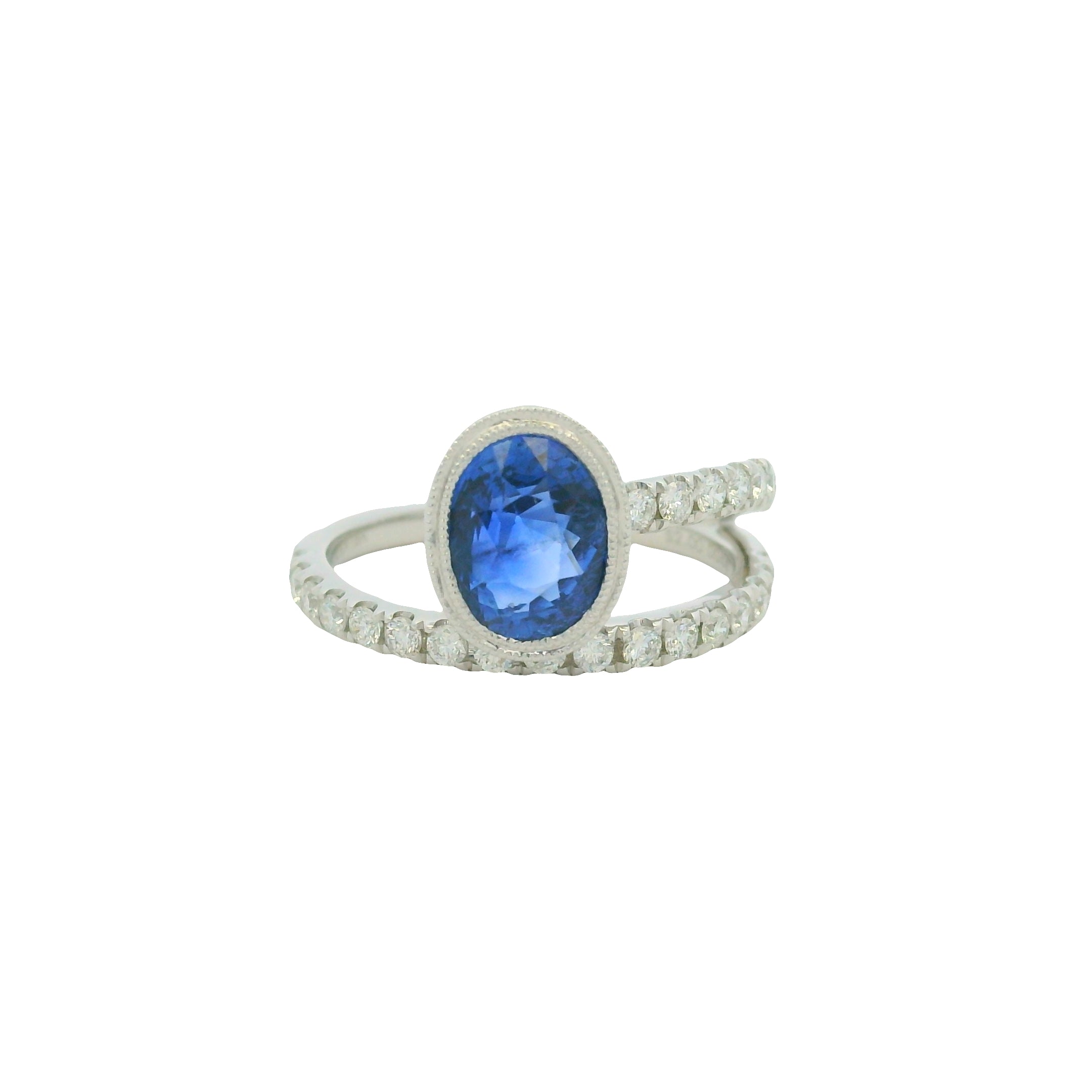 GIA 18K White Gold Natural Sapphire& Diamond Bezel Set Wrap Around Ring