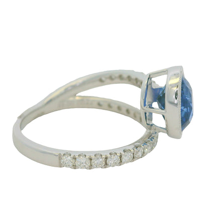 GIA 18K White Gold Natural Sapphire& Diamond Bezel Set Wrap Around Ring