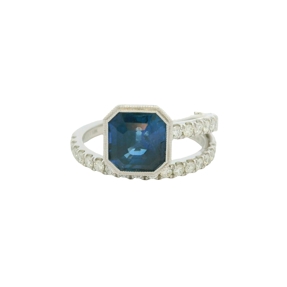 GIA 18K White Gold Natural Sapphire& Diamond Bezel Set Wrap Around Ring