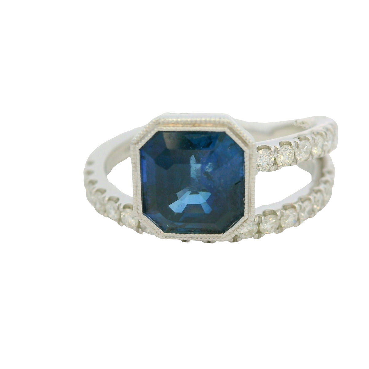 GIA 18K White Gold Natural Sapphire& Diamond Bezel Set Wrap Around Ring